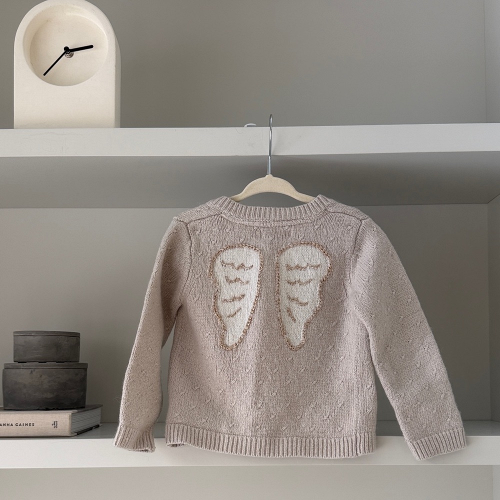 Baby Boden Beige Knit Sweater with White Angel Wings
